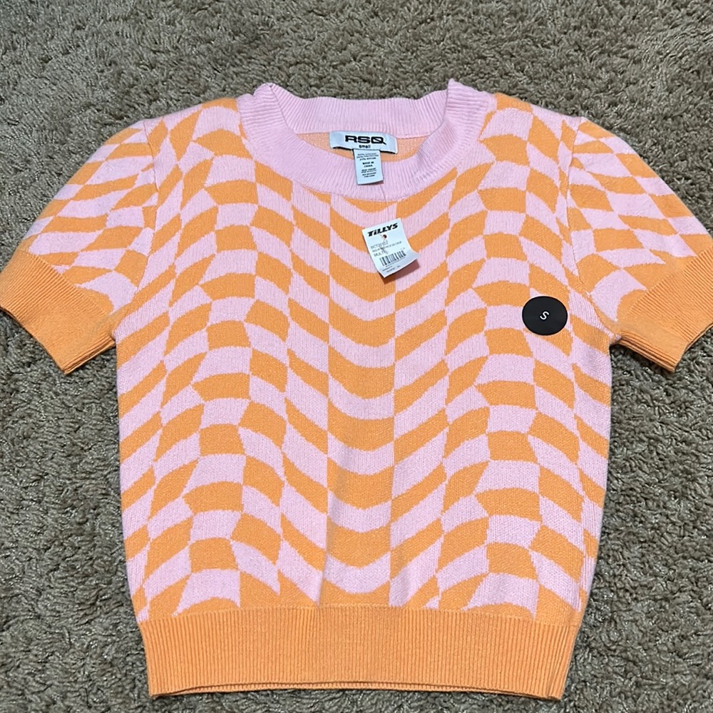 New cropped short sleeve warped checker sweater